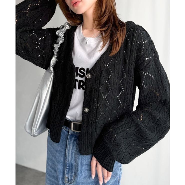 着るたび、雰囲気美人。前後2way格子柄透かし編みショート丈ニットカーディガン | Classical Elf  | 詳細画像7 