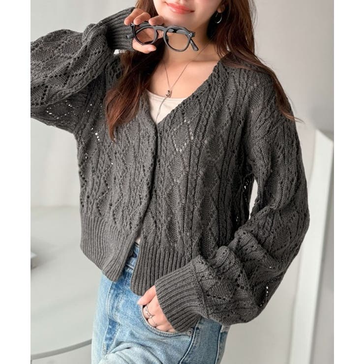 着るたび、雰囲気美人。前後2way格子柄透かし編みショート丈ニットカーディガン | Classical Elf  | 詳細画像9 