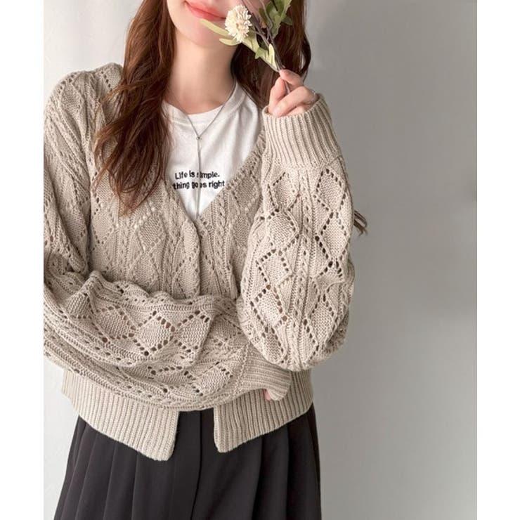 着るたび、雰囲気美人。前後2way格子柄透かし編みショート丈ニットカーディガン | Classical Elf  | 詳細画像21 