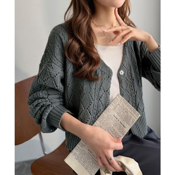 着るたび、雰囲気美人。前後2way格子柄透かし編みショート丈ニットカーディガン | Classical Elf  | 詳細画像25 