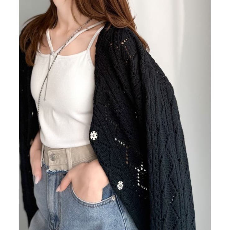 着るたび、雰囲気美人。前後2way格子柄透かし編みショート丈ニットカーディガン | Classical Elf  | 詳細画像2 