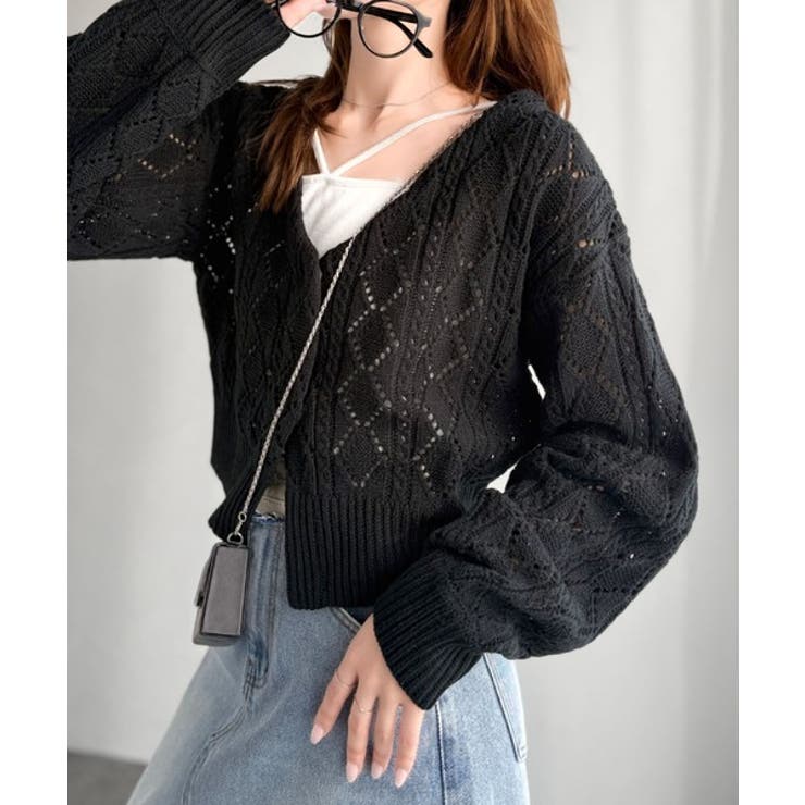 着るたび、雰囲気美人。前後2way格子柄透かし編みショート丈ニットカーディガン | Classical Elf  | 詳細画像4 