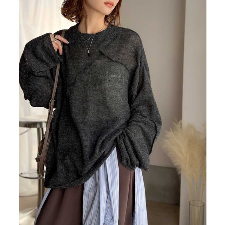 チャコール | “ゆるっと”が叶える、1秒垢抜け！モヘアタッチシアー変形タック柄ニット（長袖） | Classical Elf 