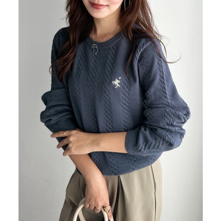 【美品】ELLIE エリー　トゲトゲニット　ネイビー ボートネックケーブルニット【洗濯機OK／抗ピル