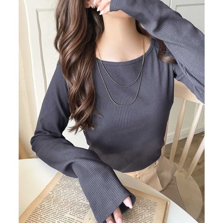 ブルー | デコルテラインを美しく演出。クルーネックリブトップス（長袖） | Classical Elf 