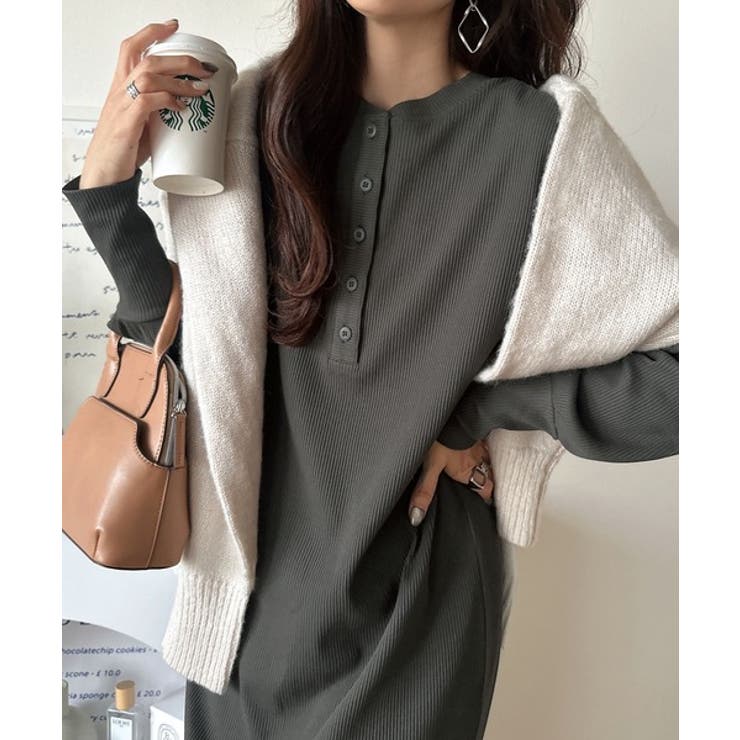 チャコール | リラックス感とお洒落を両立。2wayヘンリーネックリブワンピース（ロング丈） | Classical Elf 