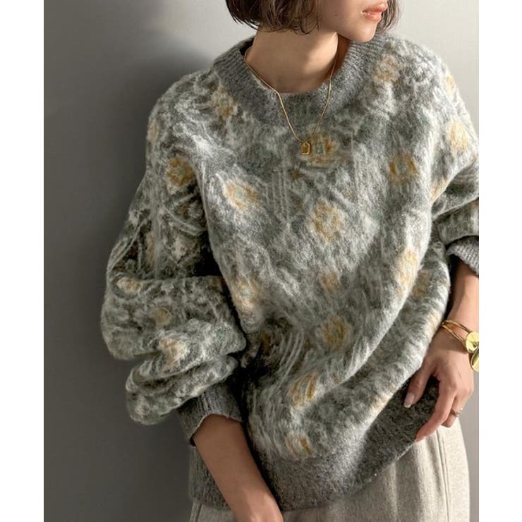 グレー | ヴィンテージライクなデザインで上級見え◎アンティークラグモチーフ柄ニットPO | Classical Elf 