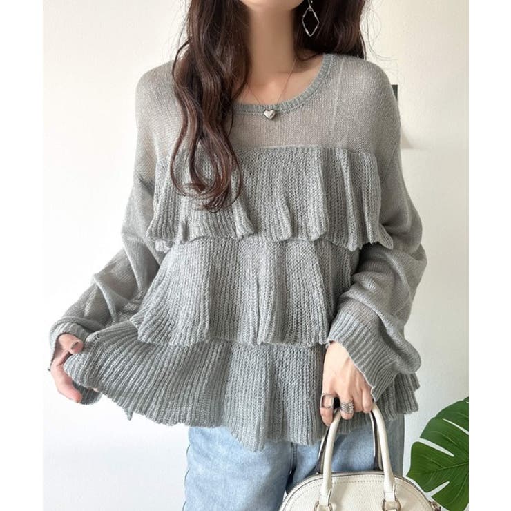 ふんわり大人フェミニン♪ティアードフリルモヘアタッチメッシュ編みニット（長袖） | Classical Elf  | 詳細画像9 