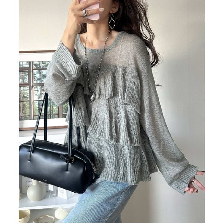 ふんわり大人フェミニン♪ティアードフリルモヘアタッチメッシュ編みニット（長袖） | Classical Elf  | 詳細画像10 