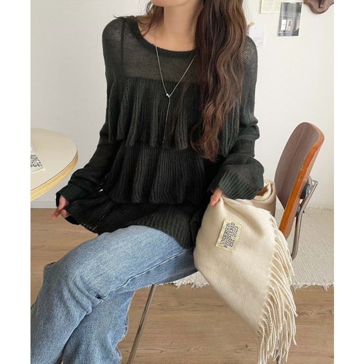 ふんわり大人フェミニン♪ティアードフリルモヘアタッチメッシュ編み