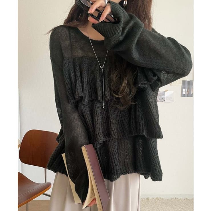 ふんわり大人フェミニン♪ティアードフリルモヘアタッチメッシュ編みニット（長袖） | Classical Elf  | 詳細画像18 