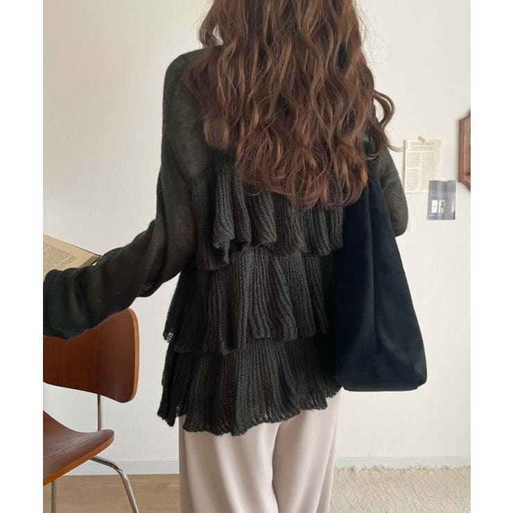 ふんわり大人フェミニン♪ティアードフリルモヘアタッチメッシュ編み