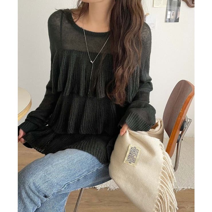 チャコール | ふんわり大人フェミニン♪ティアードフリルモヘアタッチメッシュ編みニット（長袖） | Classical Elf 