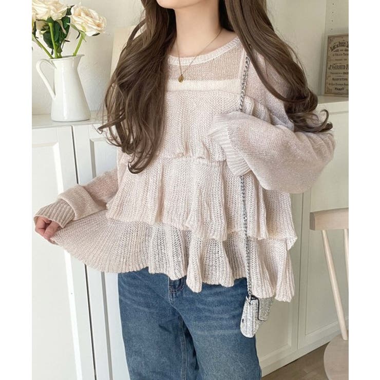 ふんわり大人フェミニン♪ティアードフリルモヘアタッチメッシュ編み