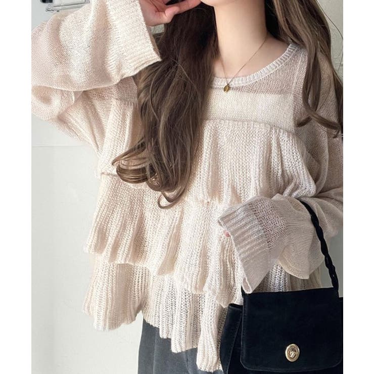 ライトベージュ | ふんわり大人フェミニン♪ティアードフリルモヘアタッチメッシュ編みニット（長袖） | Classical Elf 