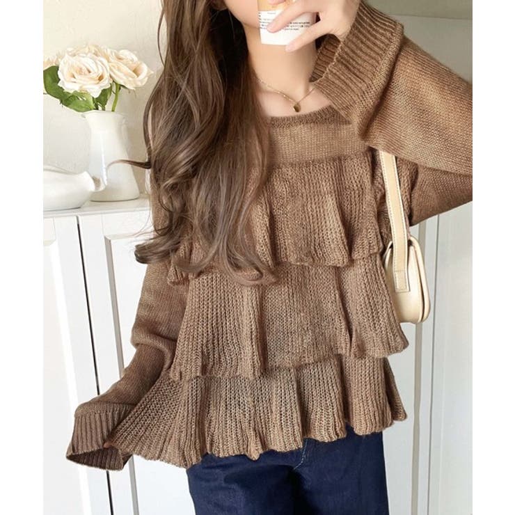 キャメル | ふんわり大人フェミニン♪ティアードフリルモヘアタッチメッシュ編みニット（長袖） | Classical Elf 