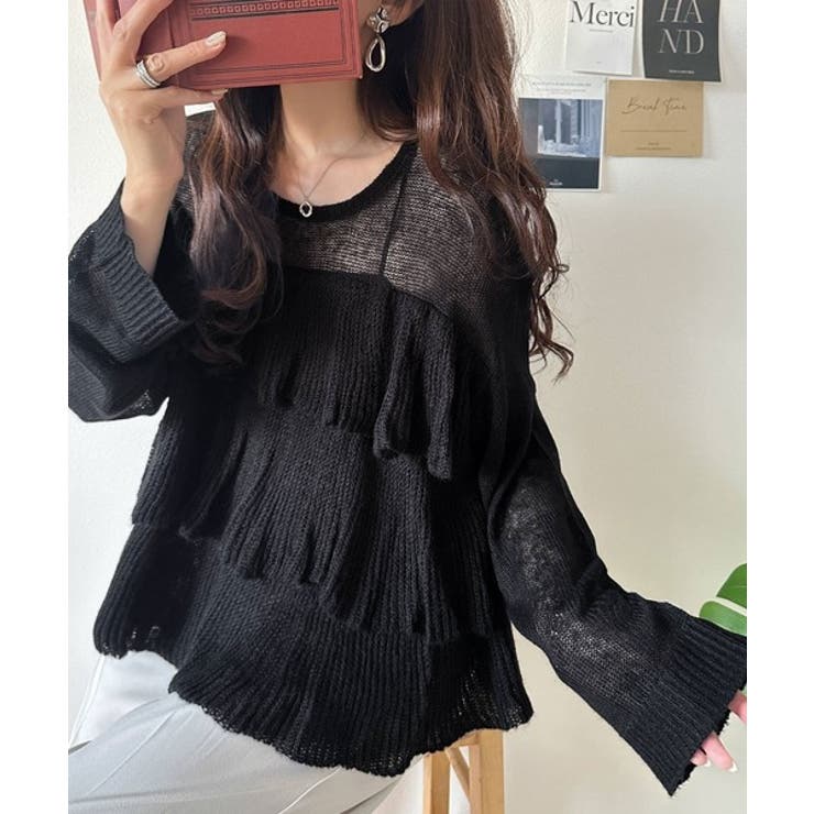 ふんわり大人フェミニン♪ティアードフリルモヘアタッチメッシュ編みニット（長袖） | Classical Elf  | 詳細画像1 
