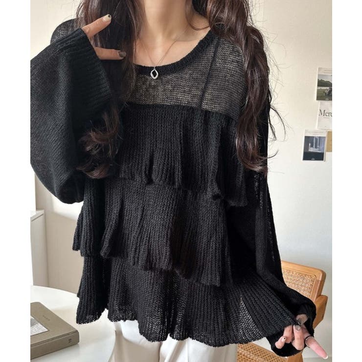 ふんわり大人フェミニン♪ティアードフリルモヘアタッチメッシュ編みニット（長袖） | Classical Elf  | 詳細画像2 