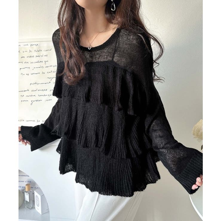 ふんわり大人フェミニン♪ティアードフリルモヘアタッチメッシュ編みニット（長袖） | Classical Elf  | 詳細画像4 