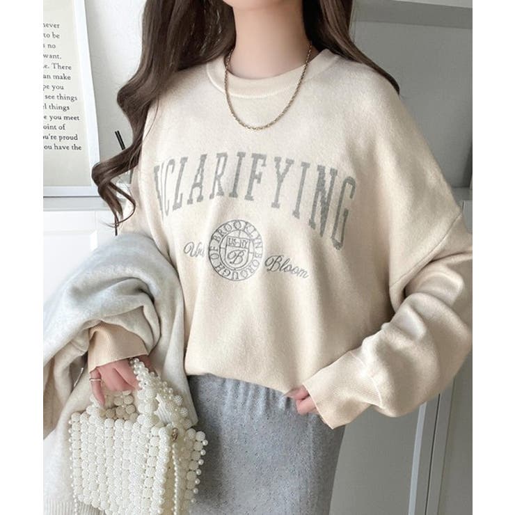 アイボリー | カレッジスタイルで秋めく。トレンド感たっぷりのエンブレムロゴ入りダブルジャガード… | Classical Elf 