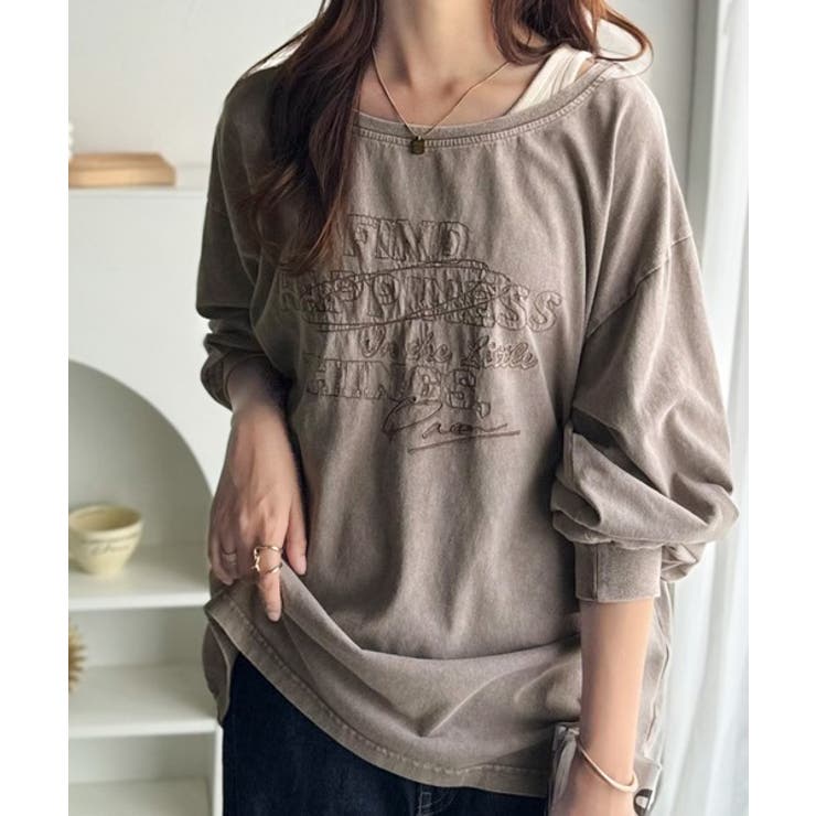 ブラウン | 古着感のある緩さが今っぽ可愛い。綿100％前後2WAYワイドネックロンTEE（長… | Classical Elf 