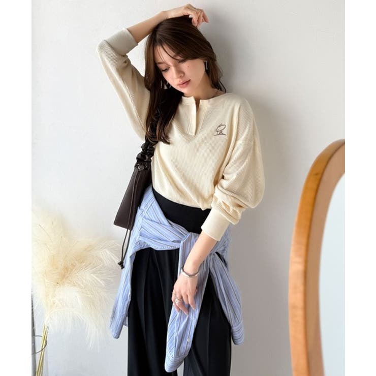 洒落感アップのこなれT。胸刺繍ワッフルオーバーサイズキーネックロンT（長袖） | Classical Elf  | 詳細画像8 