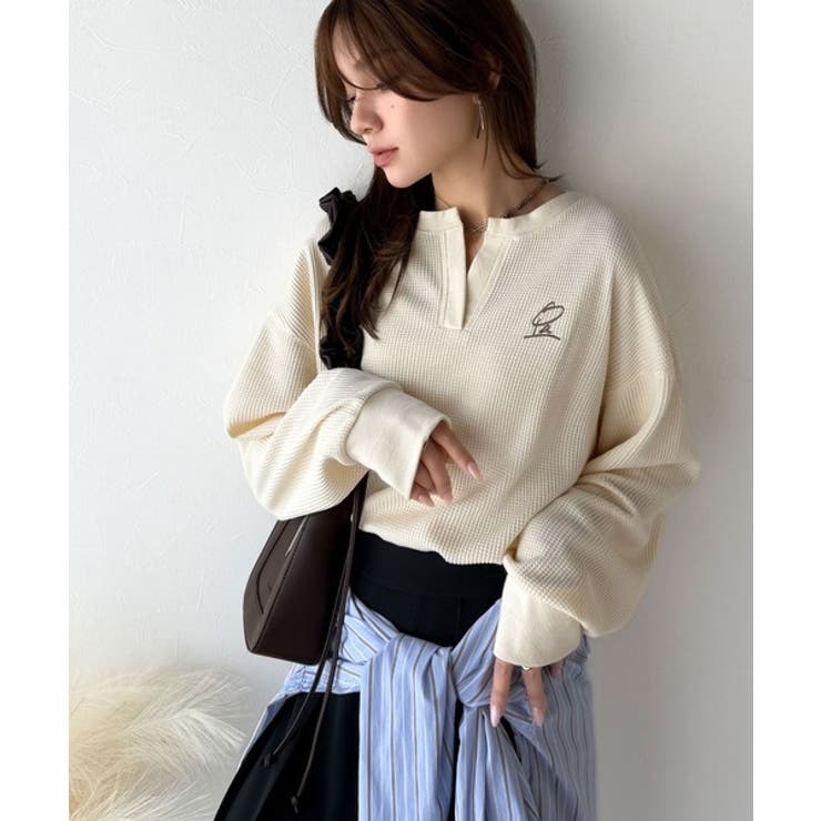 洒落感アップのこなれT。胸刺繍ワッフルオーバーサイズキーネックロンT（長袖） | Classical Elf  | 詳細画像9 