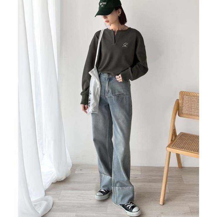 洒落感アップのこなれT。胸刺繍ワッフルオーバーサイズキーネックロンT（長袖） | Classical Elf  | 詳細画像20 