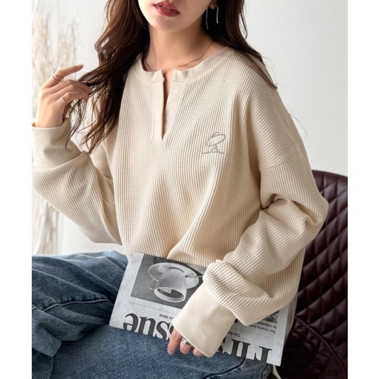 洒落感アップのこなれT。胸刺繍ワッフルオーバーサイズキーネックロンT（長袖） | Classical Elf  | 詳細画像27 