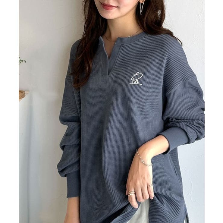 洒落感アップのこなれT。胸刺繍ワッフルオーバーサイズキーネックロンT（長袖） | Classical Elf  | 詳細画像30 