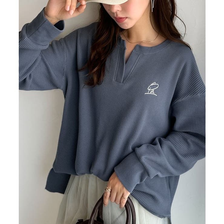 洒落感アップのこなれT。胸刺繍ワッフルオーバーサイズキーネックロンT（長袖） | Classical Elf  | 詳細画像32 