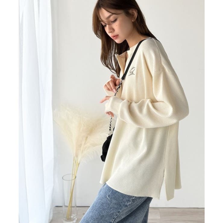 洒落感アップのこなれT。胸刺繍ワッフルオーバーサイズキーネックロンT（長袖） | Classical Elf  | 詳細画像2 