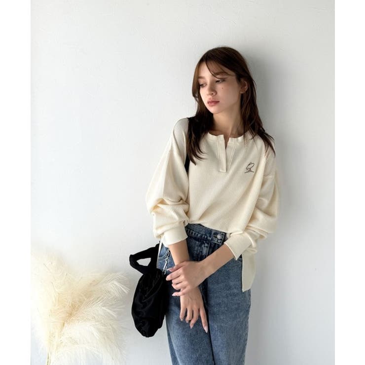 洒落感アップのこなれT。胸刺繍ワッフルオーバーサイズキーネックロンT（長袖） | Classical Elf  | 詳細画像3 