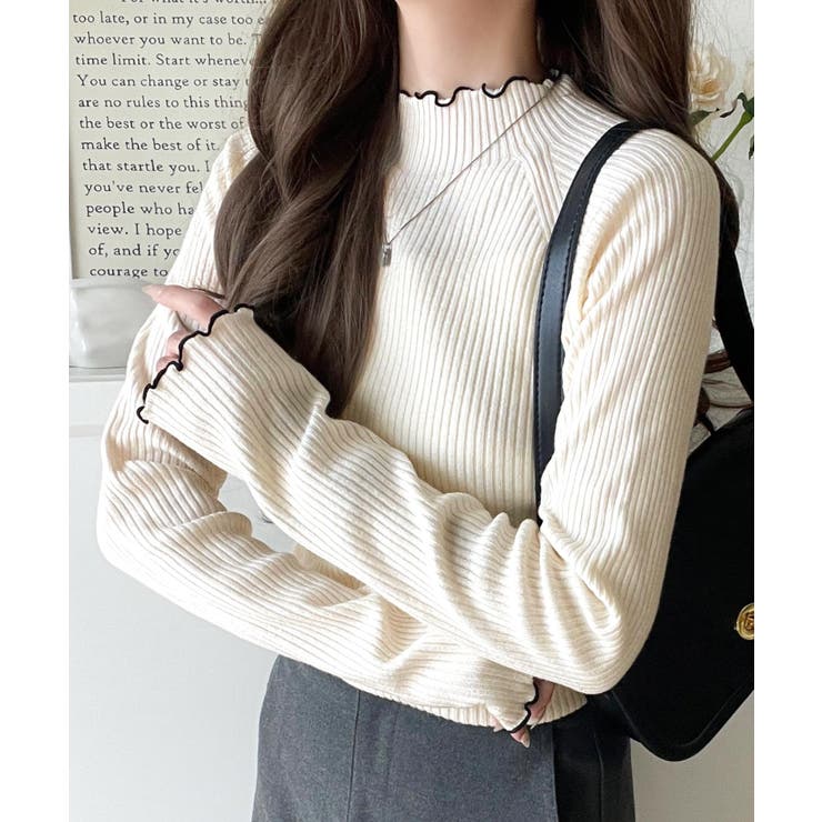 アイボリー | 華奢見え叶える程よいフィット感。配色メロウリブニットトップス（長袖） | Classical Elf 