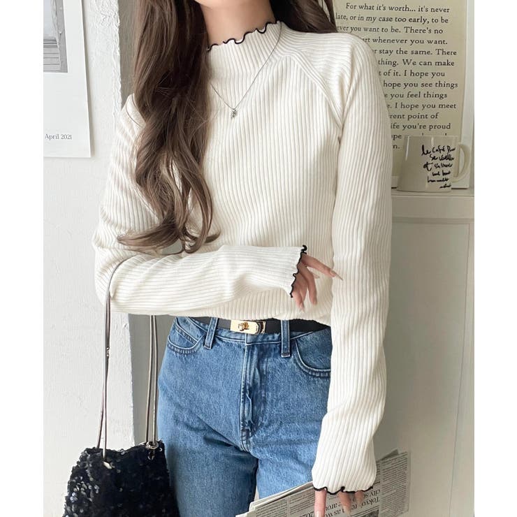 華奢見え叶える程よいフィット感。配色メロウリブニットトップス（長袖） | Classical Elf  | 詳細画像2 