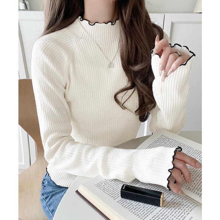 華奢見え叶える程よいフィット感。配色メロウリブニットトップス（長袖） | Classical Elf  | 詳細画像4 