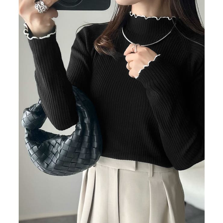 華奢見え叶える程よいフィット感。配色メロウリブニットトップス（長袖） | Classical Elf  | 詳細画像8 