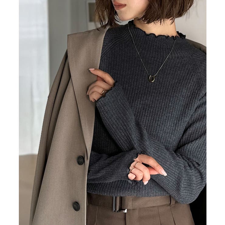 チャコール | 華奢見え叶える程よいフィット感。配色メロウリブニットトップス（長袖） | Classical Elf 