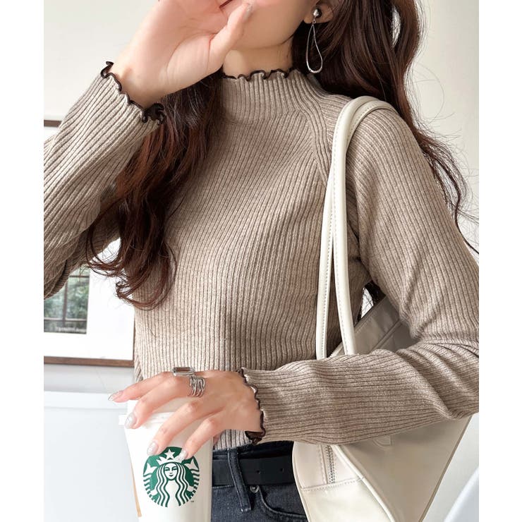 ベージュ | 華奢見え叶える程よいフィット感。配色メロウリブニットトップス（長袖） | Classical Elf 