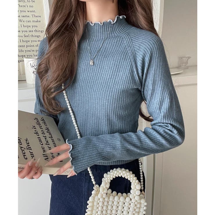 ブルー | 華奢見え叶える程よいフィット感。配色メロウリブニットトップス（長袖） | Classical Elf 