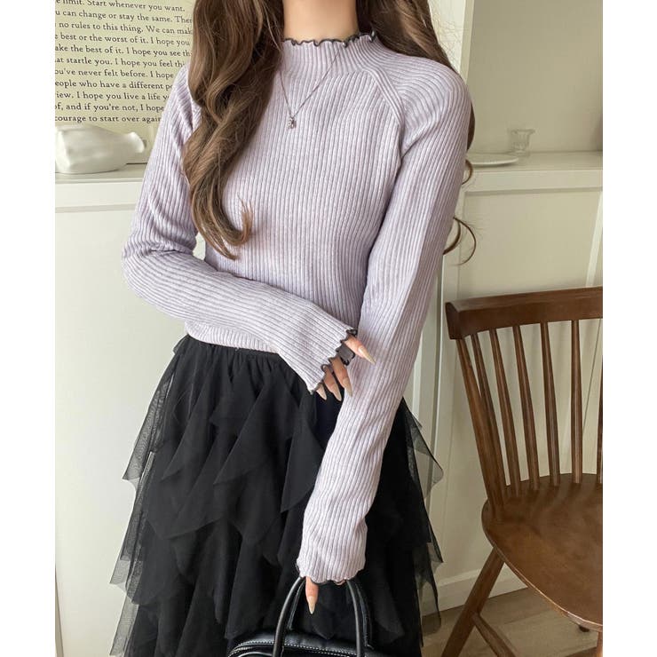 ラベンダー | 華奢見え叶える程よいフィット感。配色メロウリブニットトップス（長袖） | Classical Elf 