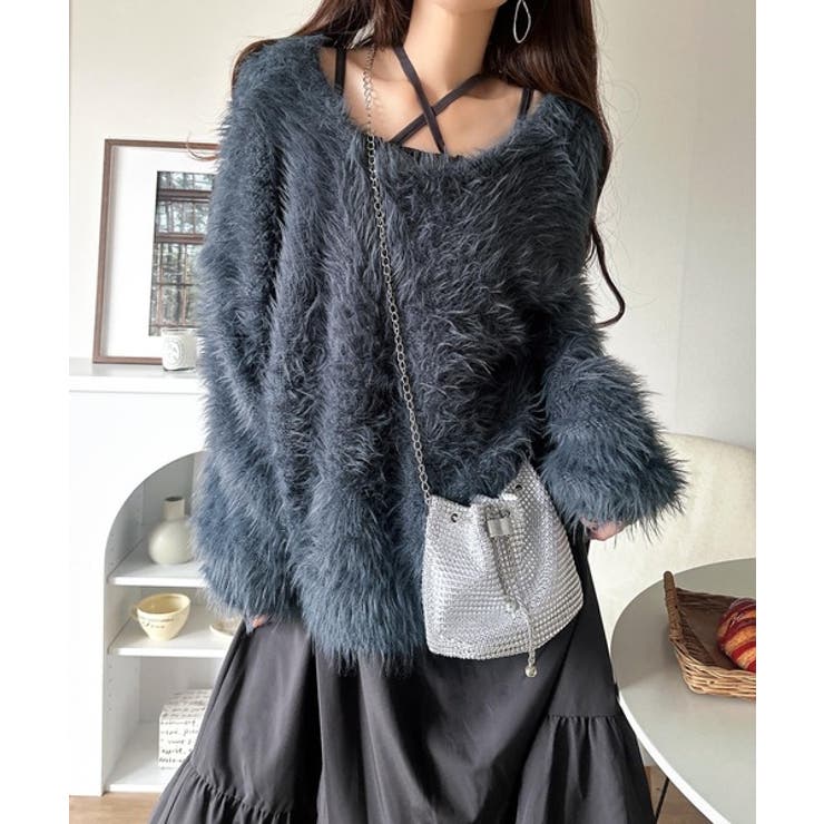 ブルー×チャコール | 二度見の華やかさ。シャギーニット×ティアードキャミワンピースセット | Classical Elf 