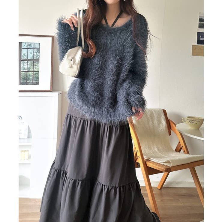 二度見の華やかさ。シャギーニット×ティアードキャミワンピースセット | Classical Elf  | 詳細画像23 