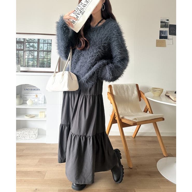 二度見の華やかさ。シャギーニット×ティアードキャミワンピースセット | Classical Elf  | 詳細画像24 