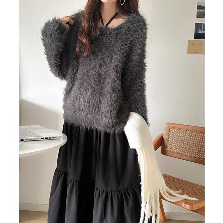 二度見の華やかさ。シャギーニット×ティアードキャミワンピースセット | Classical Elf  | 詳細画像1 