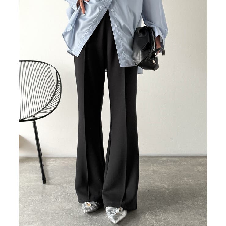 ブラック | 大人脚長シルエット♪ダンボール素材ピンタックフレアパンツ | Classical Elf 