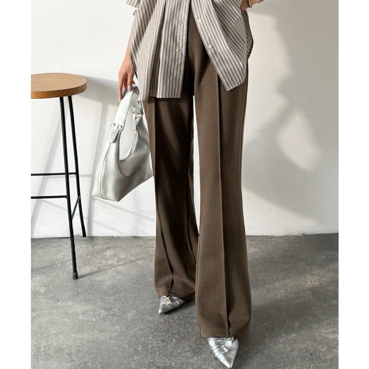 ブラウン | 大人脚長シルエット♪ダンボール素材ピンタックフレアパンツ | Classical Elf 