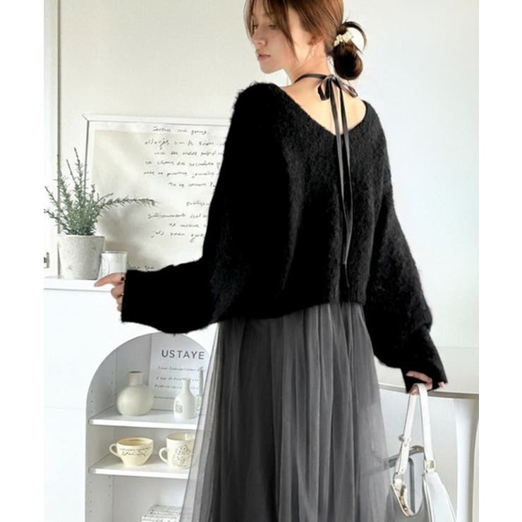 ブラック×チャコール | 褒められワンピ♪マルチwayニット×チュールワンピースセット（セットアイテム） | Classical Elf 