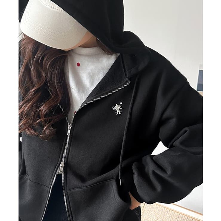 ブラック | 羽織って暖か、さらりと洒落感。胸元ワンポイント刺繍裏起毛ダブルジップパーカー | Classical Elf 