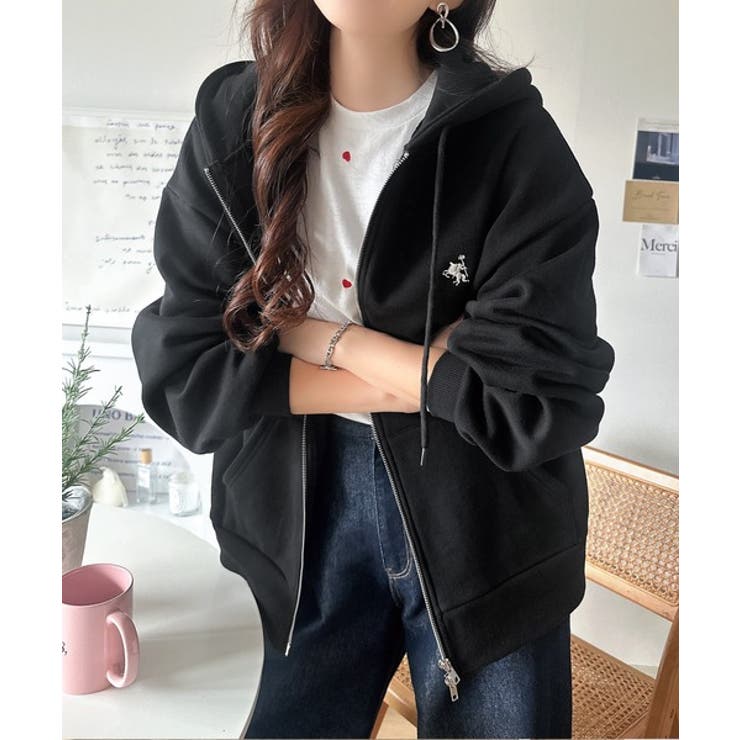 羽織って暖か、さらりと洒落感。胸元ワンポイント刺繍裏起毛ダブルジップパーカー | Classical Elf  | 詳細画像5 